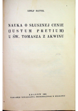 Nauka o słuszcznej cenie u św Tomasza z Akwinu 1938 r.