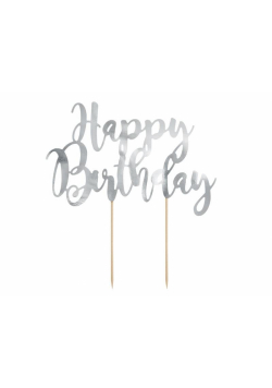 Topper na tort Happy Birthday srebrny 22,5cm