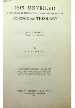 Isis Unveiled A Master Key to the Mysteries of Ancient and Modern Science and  Theology 1931 r.