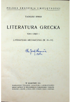 Literatura Grecka Tom I Część 1 1931 r.