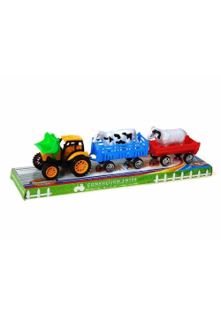 Traktor z przyczepą i zwierzętami