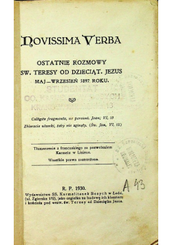 Novissima verba Ostatnie rozmowy św Teresy od Dzieciąr Jezus 1930 r.