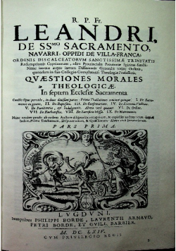 R P Fr Leandri de SS Sacramento Navarri oppidi de Villa - Franca Pars Prima Reprint z 1664 r.