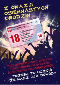 Karnet Party naklejany B6+koperta Urodziny 18 wz15