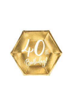 Talerzyki 40th Birthday złote 20cm 6szt