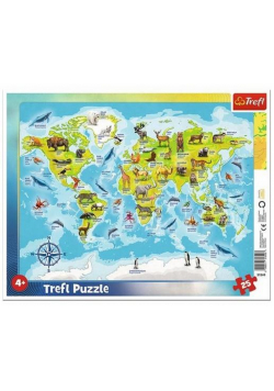 Puzzle ramkowe 25 Mapa świata ze zwierzętami TREFL