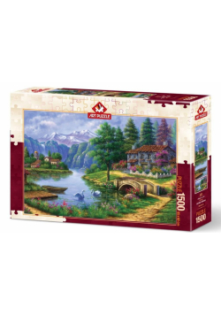 Puzzle 1500 Chatka nad jeziorem w górach
