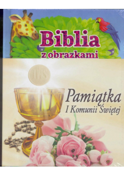 Pamiątka I Komunii Św - Biblia z obrazkami róż.