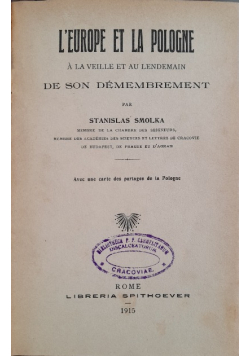 L Europe et la Pologne a la veiller et u lendemain 1915 r.
