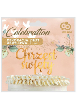 Dekoracja akrylowa na tort chrzest złota