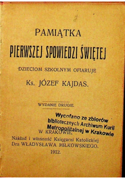 Pamiątka pierwszej spowiedzi świętej 1912 r.