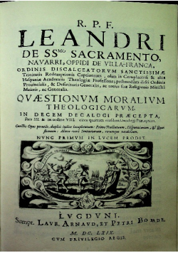 R P F Leandri de SS Sacramento Navarri oppidi de Villa - Franca Reprint z 1669 r.