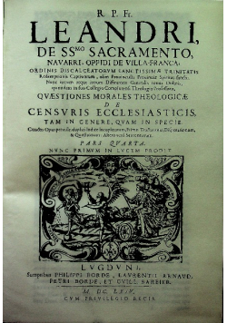 R P Fr Leandri de SS Sacramento Navarri oppidi de Villa - Franca Pars Qvarta Reprint z 1664 r.