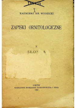Zapiski ornitologiczne X Słonka 1929 r.