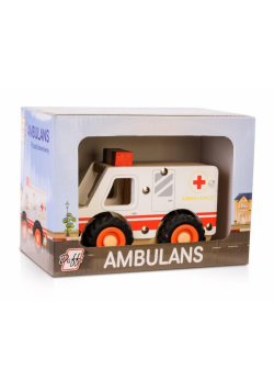 Drewniane auto z oponami - ambulans