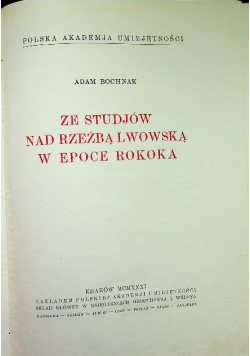 Ze studiów nad rzeźbą lwowską w epoce Rokoko