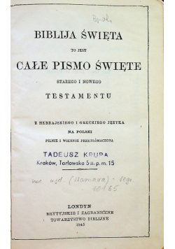 Biblija święta to jest całe Pismo Święte Starego i Nowego Testamentu 1945 r.