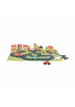 Drewniane puzzle, miasto i samochodziki