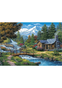 Puzzle 2000 Chatka nad rzeką w górach