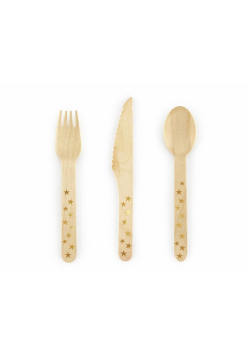 Sztućce drewniane Gwiazdki złote 16cm 18szt