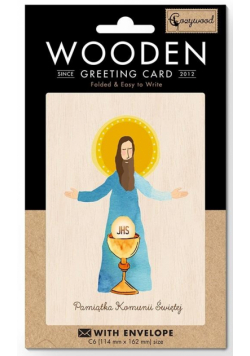Karnet drewniany C6 Komunia Jezus + koperta