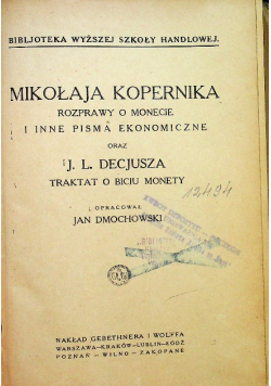 Mikołaja Kopernika rozprawy o monecie i inne pisma ekonomiczne 1923 r.
