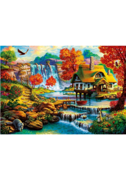 Puzzle 1000 Letnia chatka z wodospadem w tle