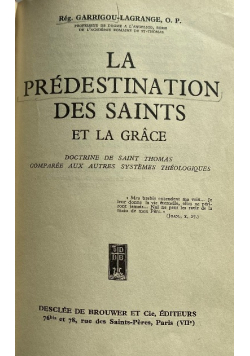 La Predestination Des Saints Et La Grace 1936 r