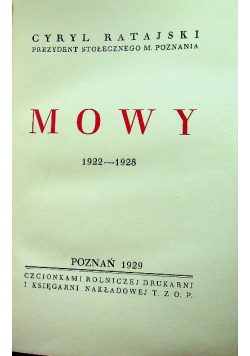 Ratajski Mowy 1922 - 1928 Z dedykacją Autora 1929 r.