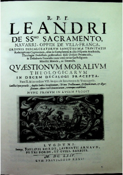 R P F Leandri de SS Sacramento Navarri oppidi de Villa - Franca Reprint z 1664 r.