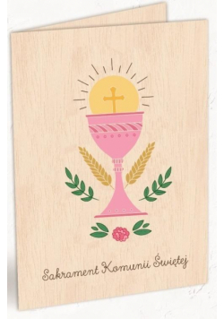 Karnet drewniany C6 Komunia kielich róż + koperta