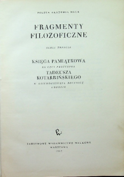 Fragmenty filozoficzne Księga pamiątkowa Tadeusza Kotarbińskiego
