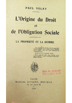 l origine du droit et de I obligaiotn Sociale 1929 r.