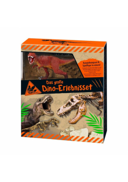 Figurka i szkielet dinozaura, wykopaliska edu