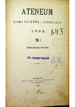 Ateneum Pismo naukowe i literackie tom I 1885 r