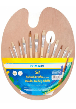 Zestaw pędzle naturalne 12szt + paletka drew. 30cm