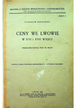 Ceny we Lwowie w XVI i XVII wieku 1928 r.