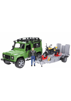Land Rover Defender z przyczepą i motocyklem