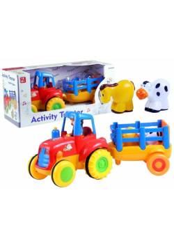 Traktor z przyczepą i zwierzątkami świało dźwięk